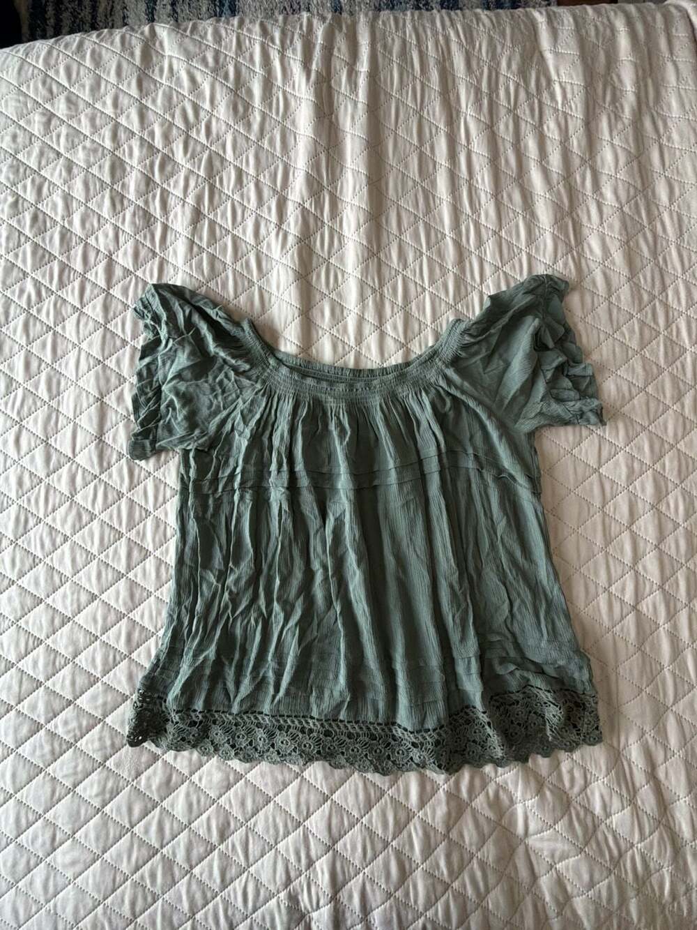 Altar'd State Green Short Sleeve Crochet Trim Peasant Top